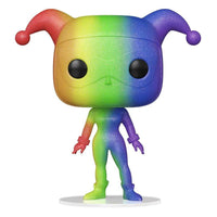 Front view of a glittery, rainbow-colored Funko POP! Pride 2022 Harley Quinn vinyl figure on a white base.
