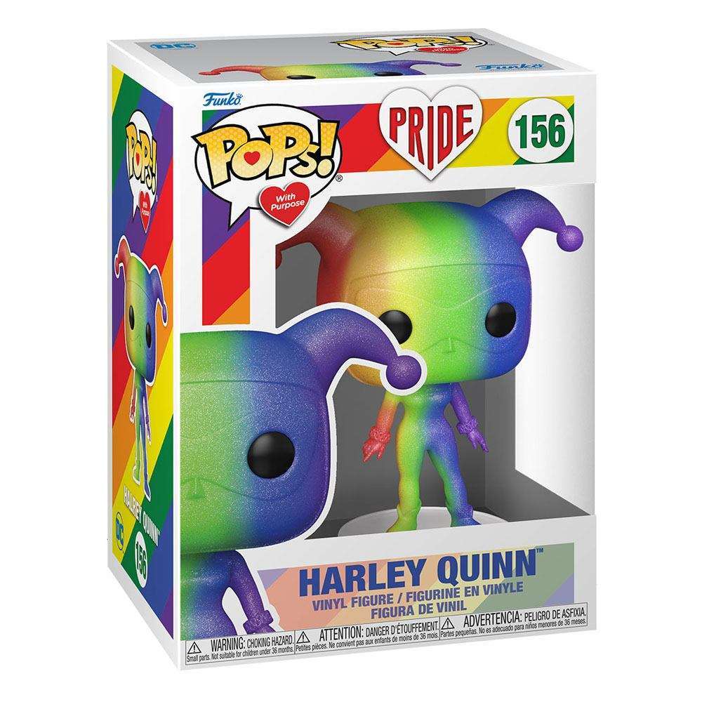 Funko POP! Pride 2022 Harley Quinn #156 vinyl figure in its original display box, showing a rainbow-colored design.