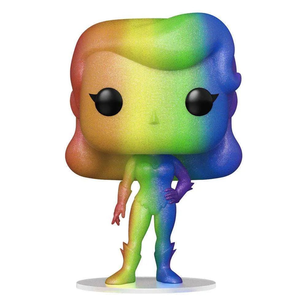 Front view of a glittery, rainbow-colored Funko POP! Pride 2022 Poison Ivy vinyl figure on a white base.
