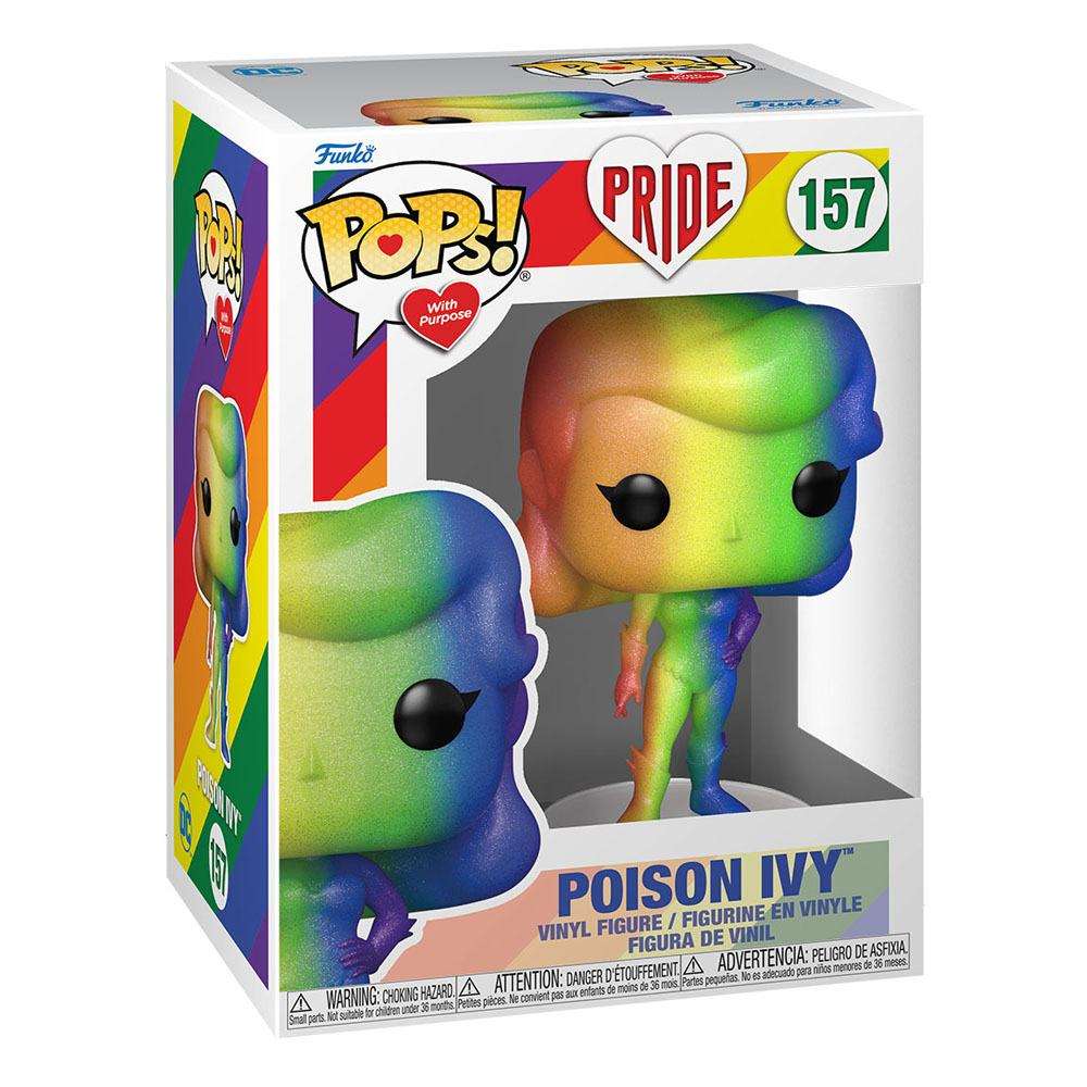 Funko POP! Pride 2022 Poison Ivy #157 vinyl figure in its original display box, showing a rainbow-colored design.