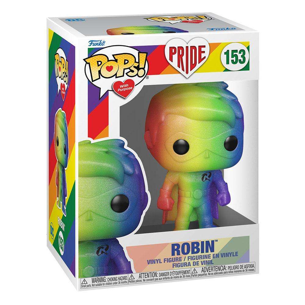 Funko POP! Pride 2022 Robin #153 vinyl figure in its display box, featuring a rainbow-colored gradient design.