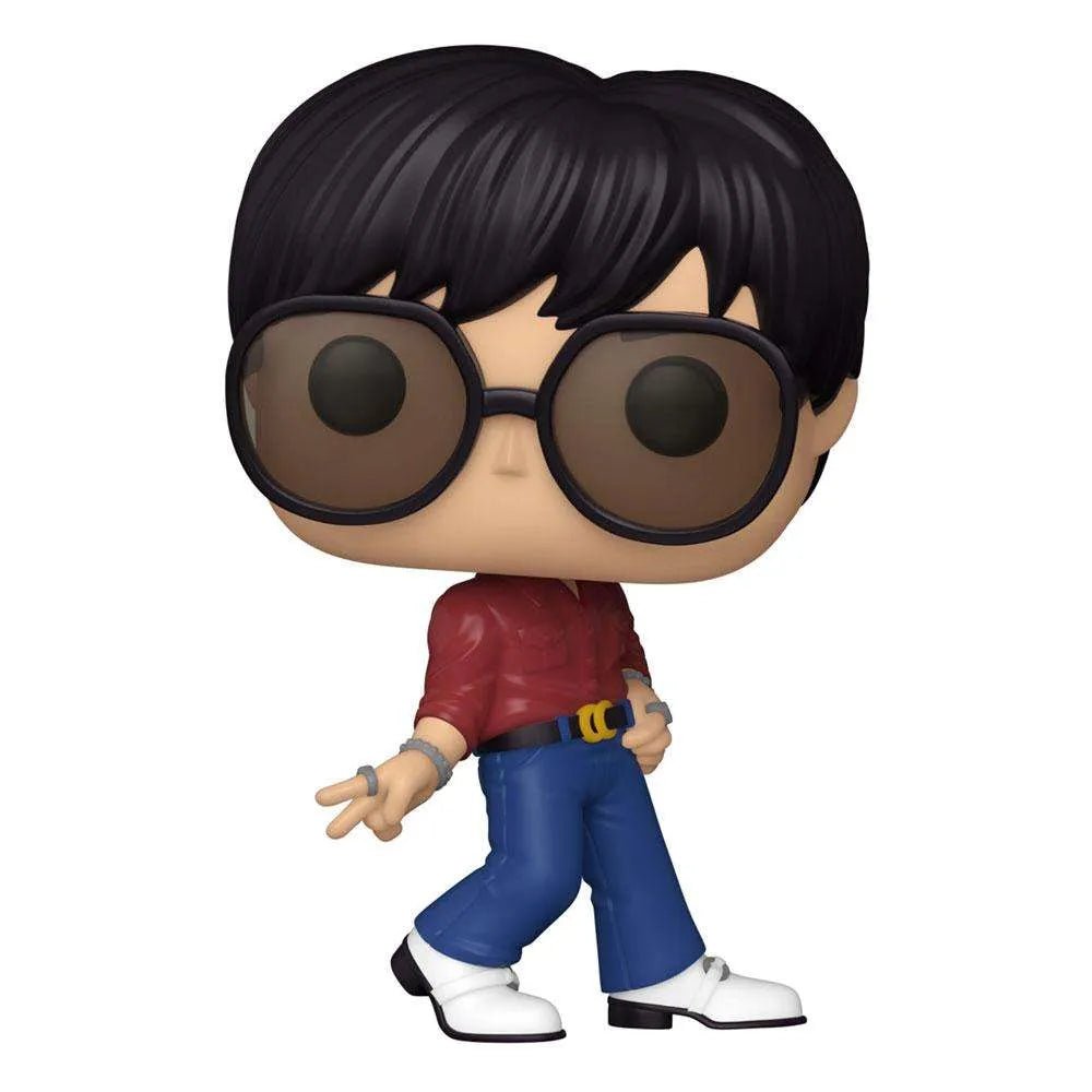 Funko POP! Rocks BTS J-Hope Dynamite vinyl figure wearing a red shirt, blue jeans, and large sunglasses.