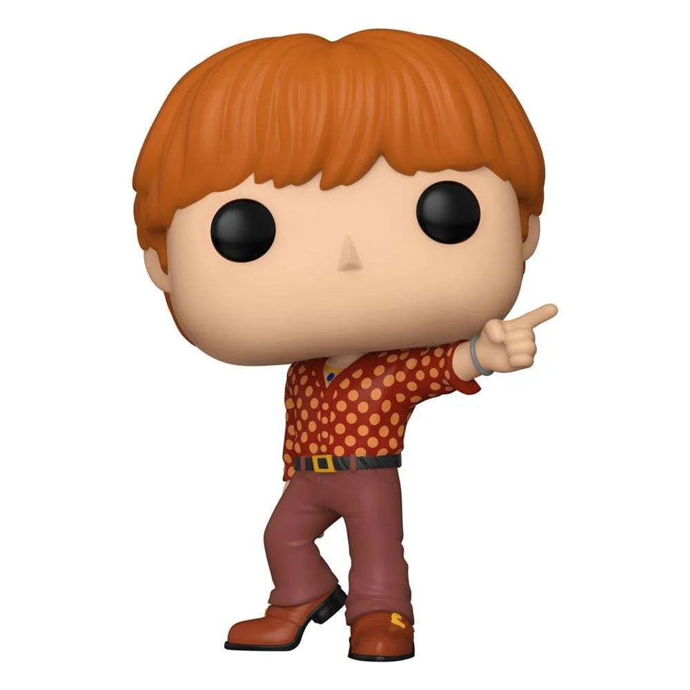 Front view of Funko POP! Rocks BTS Jin vinyl figure with orange hair, polka-dot shirt, and brown pants pointing forward.