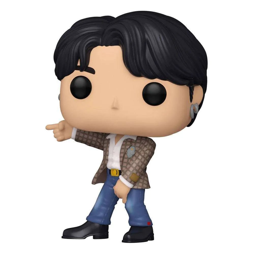 Funko POP! Rocks BTS Jungkook Dynamite vinyl figure wearing a plaid blazer, white shirt, and blue jeans pointing left.