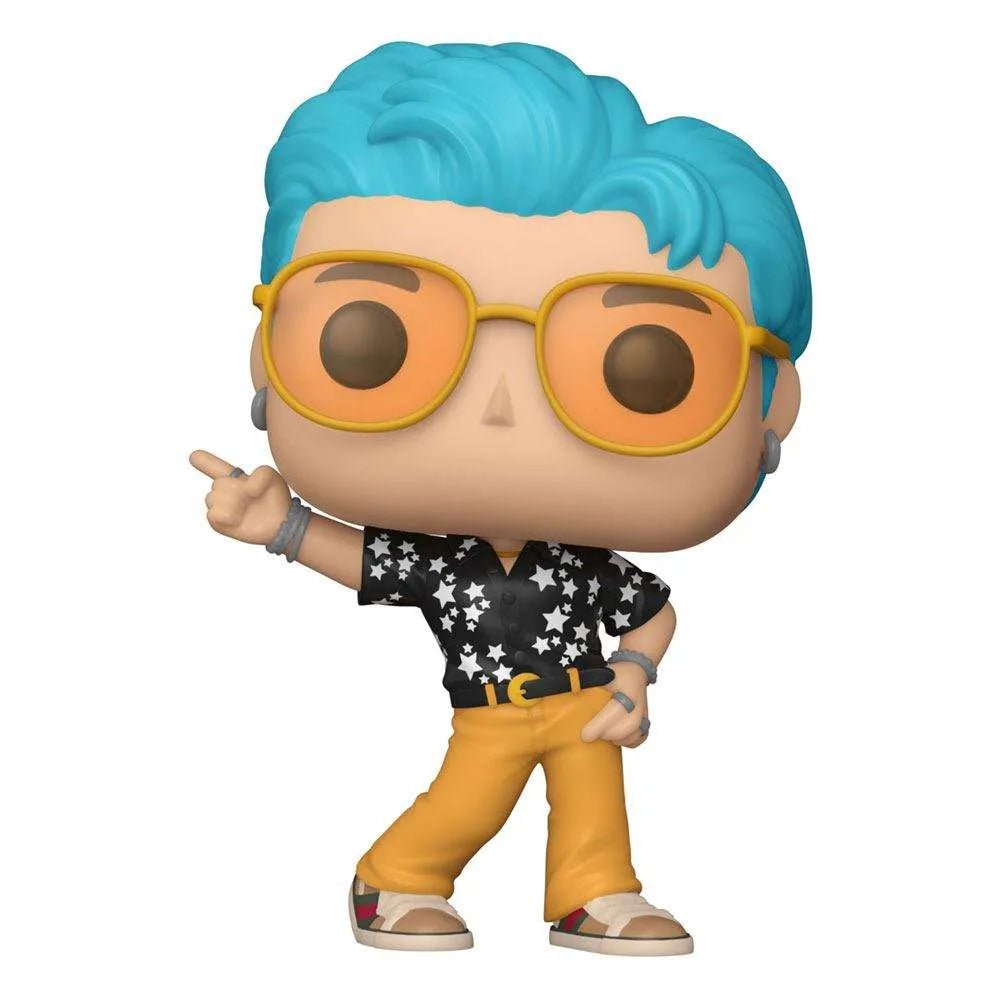 Funko POP! Rocks BTS RM Dynamite vinyl figure with bright blue hair, yellow sunglasses, and a star-print shirt.