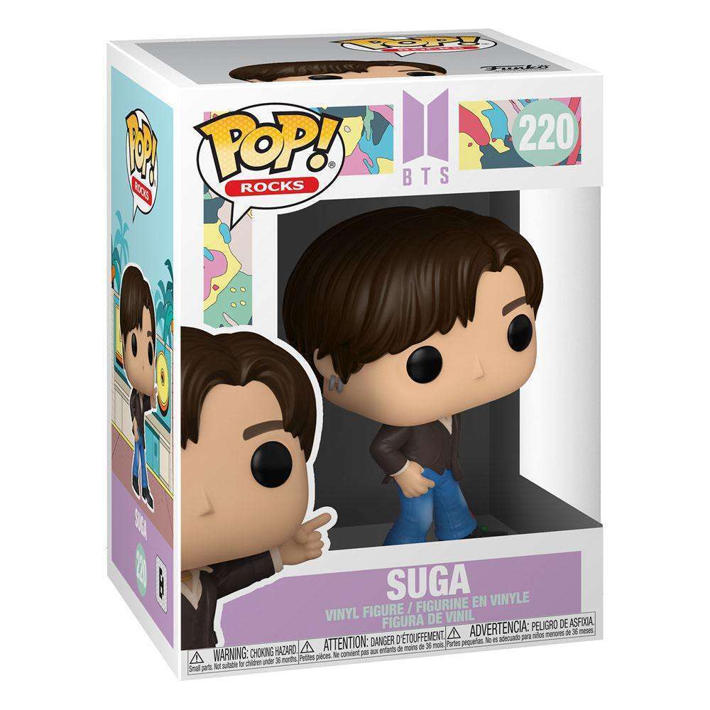 Funko POP! Rocks BTS Suga Dynamite vinyl figure in its branded window display box, showing a front-facing view.