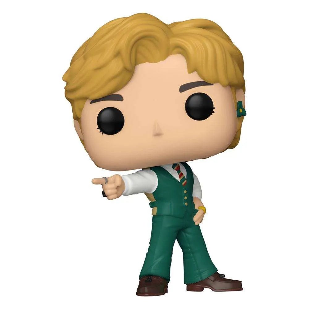 Funko POP! Rocks BTS V Dynamite vinyl figure with blonde hair, wearing a green vest and pointing forward.