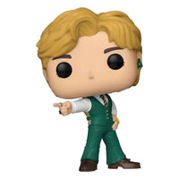 Funko POP! Rocks BTS V Dynamite vinyl figure with blonde hair, wearing a green vest and pointing forward.
