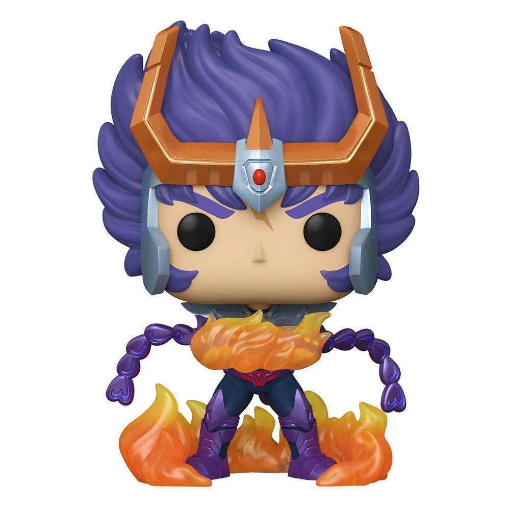 Front view of Funko POP! Saint Seiya Phoenix Ikki vinyl figure with purple hair, gold headgear, and orange flame effects.