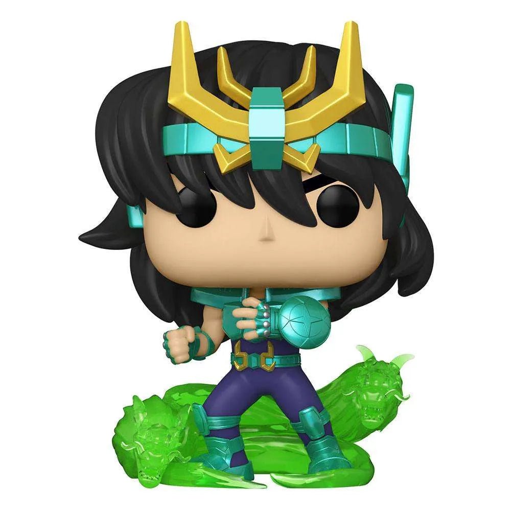 Funko POP! Dragon Shiryu #807 vinyl figure featuring teal armor, a gold headpiece, and a translucent green dragon base.