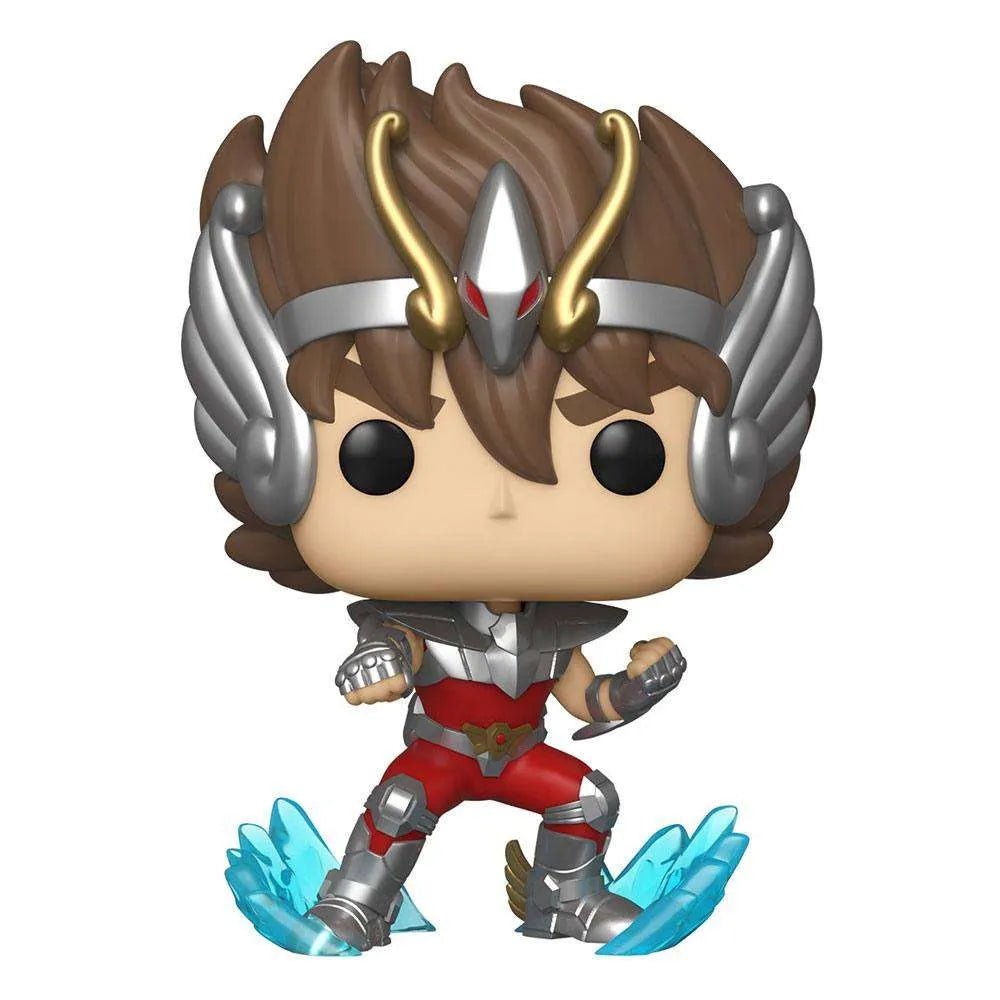 Funko POP! Pegasus Seiya vinyl figure wearing silver armor and a winged helmet with blue energy effects at his feet.