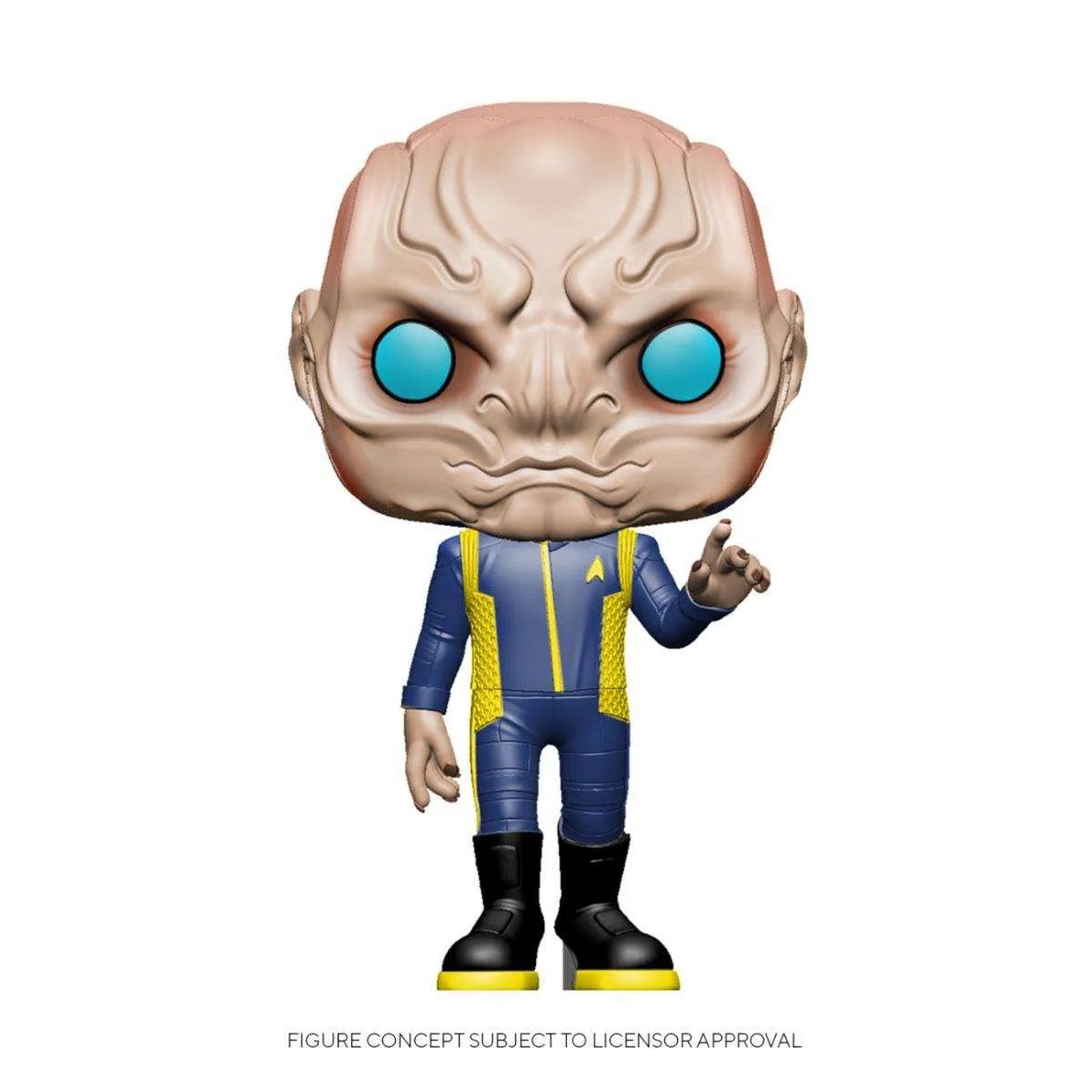 Funko POP! Star Trek: Discovery Saru figure in a blue and yellow Starfleet uniform with bright blue eyes, front view.