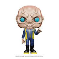 Funko POP! Star Trek: Discovery Saru figure in a blue and yellow Starfleet uniform with bright blue eyes, front view.