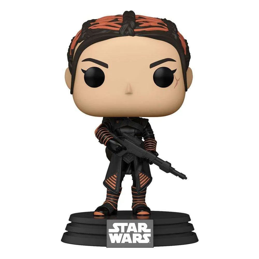 Front view of Fennec Shand Funko POP! vinyl figure in black and orange armor holding a blaster on a Star Wars base.