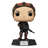 Front view of Fennec Shand Funko POP! vinyl figure in black and orange armor holding a blaster on a Star Wars base.