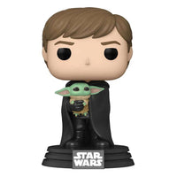 Funko POP Luke Skywalker holding The Child vinyl figure in a black cloak, standing on a Star Wars branded base.