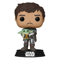 Funko POP The Mandalorian and Grogu vinyl figure featuring an unmasked Din Djarin holding Grogu on a Star Wars stand.