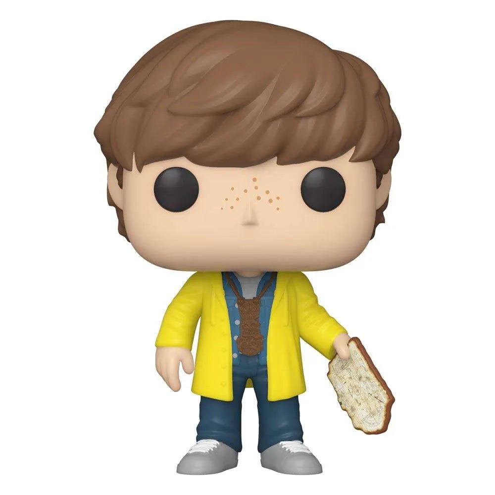 Funko POP Mikey with Map vinyl figure wearing a yellow raincoat, blue jeans, and holding a treasure map.
