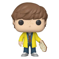 Funko POP Mikey with Map vinyl figure wearing a yellow raincoat, blue jeans, and holding a treasure map.