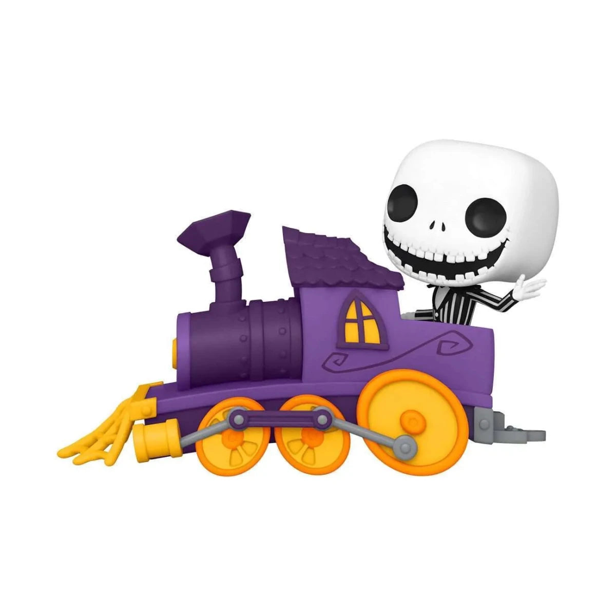 Jack Skellington Funko POP! vinyl figure riding a purple and yellow train engine in a side view.
