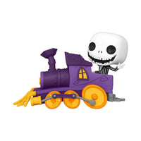 Jack Skellington Funko POP! vinyl figure riding a purple and yellow train engine in a side view.