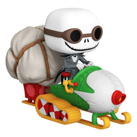 Jack Skellington Funko Pop Rides figure in a pinstripe suit and goggles, driving a green and white snowmobile with a sack.