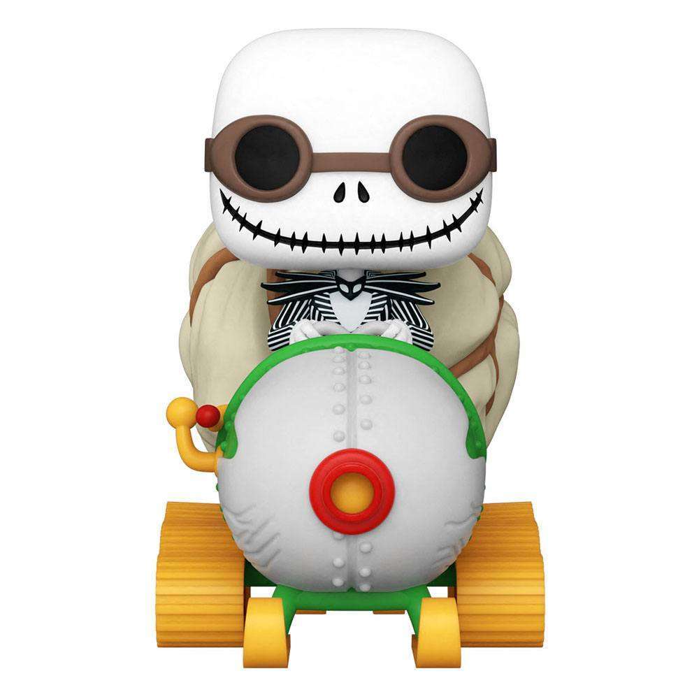 Front view of Jack Skellington Funko Pop Rides figure wearing goggles and driving a white and yellow snowmobile.