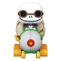 Front view of Jack Skellington Funko Pop Rides figure wearing goggles and driving a white and yellow snowmobile.