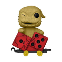Funko POP! Oogie Boogie in a red dice train cart, featuring a tan burlap-textured figure with a winking expression.