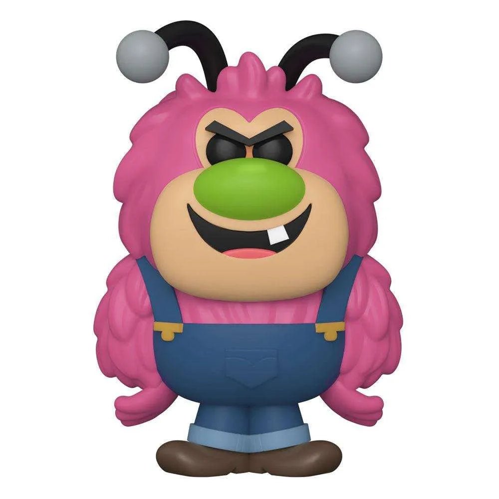 Front view of Fuzzy Lumpkins Funko POP! vinyl figure with pink fur, green nose, and blue overalls on a white background.