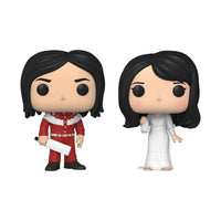 Funko POP! The White Stripes 2-Pack featuring Jack White in a red suit and Meg White in a white dress on a white background.