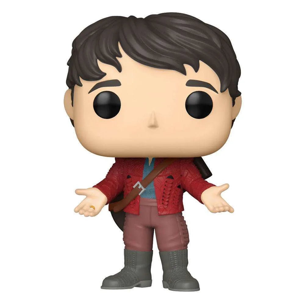 Front view of Jaskier Funko POP! vinyl figure wearing a red textured jacket, blue shirt, and brown pants.