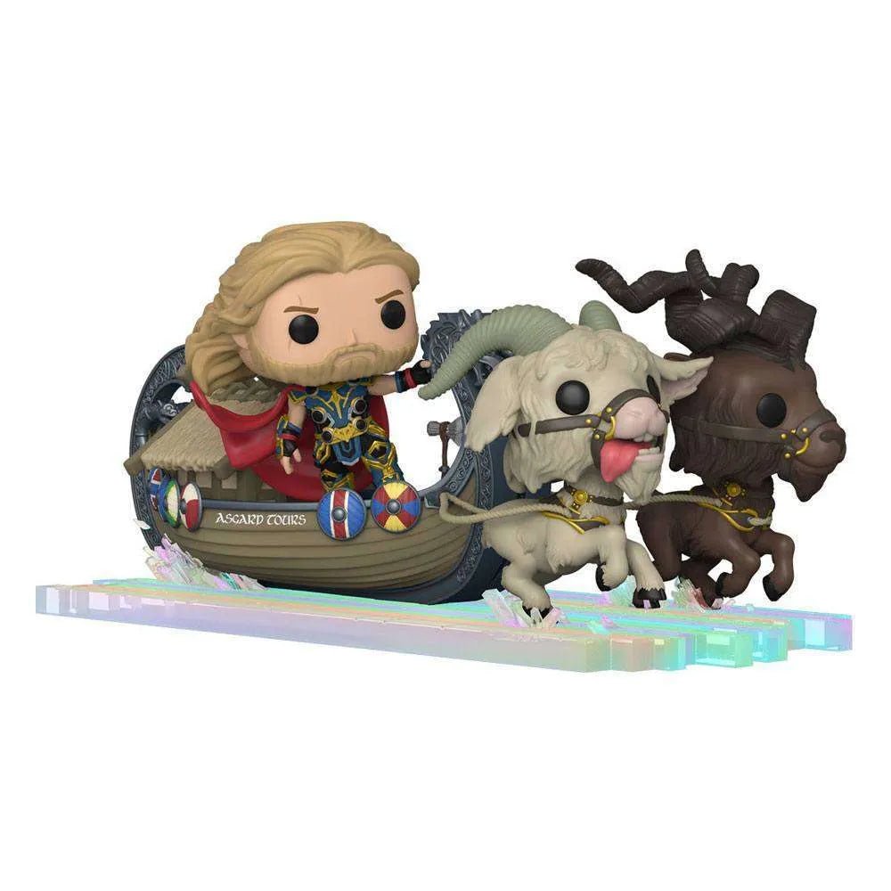 Funko POP! Thor in his Goat Boat with Toothgnasher and Toothgrinder on a translucent rainbow base.