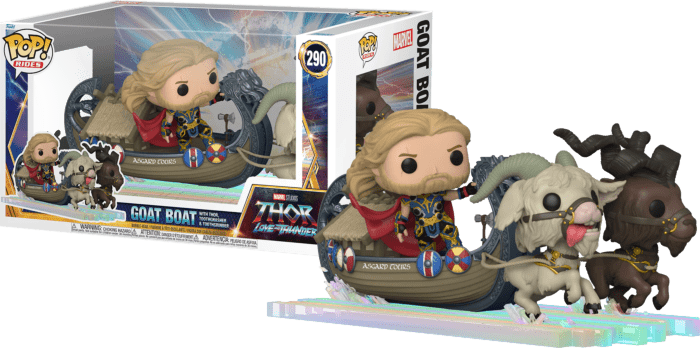 Funko POP! Thor, Toothgnasher, and Toothgrinder in the Goat Boat from Love and Thunder with its display box.