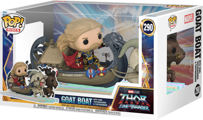 Funko POP! Thor Love and Thunder Goat Boat #290 in packaging, featuring Thor, Toothgnasher, and Toothgrinder figures.