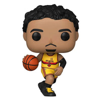 Funko POP! Trae Young figure in a yellow Atlanta Hawks City Edition jersey, dribbling a basketball on a white background.