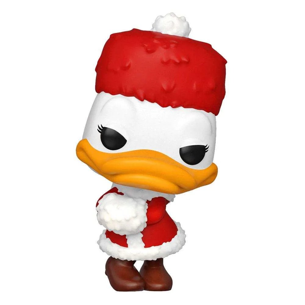 Funko POP! Daisy Duck Holiday vinyl figure wearing a red winter hat and coat with white fur trim, front view.