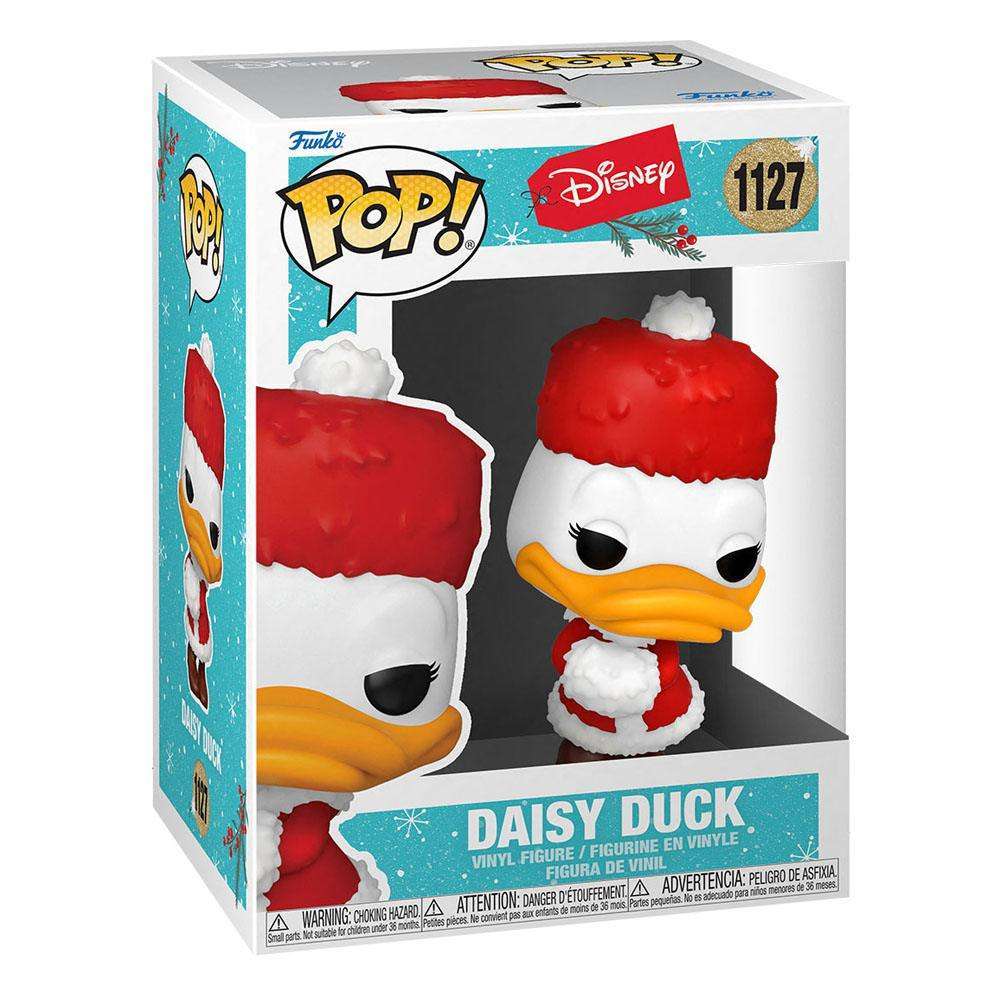 Funko POP! Daisy Duck Holiday vinyl figure in its original window display box, featuring a festive Santa hat design.