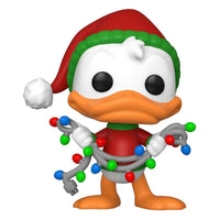 Funko POP! Holiday Donald Duck vinyl figure wearing a Santa hat and holding a string of colorful Christmas lights.