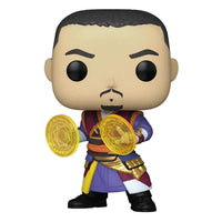 Funko POP! Wong vinyl figure from Doctor Strange, featuring a maroon and purple outfit with glowing yellow magic discs.