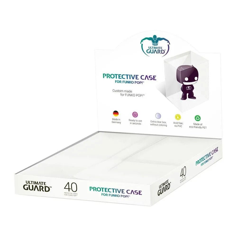 Counter-top display box of 40 clear PET Funko Protective Cases for Funko POP! figures with product feature icons.
