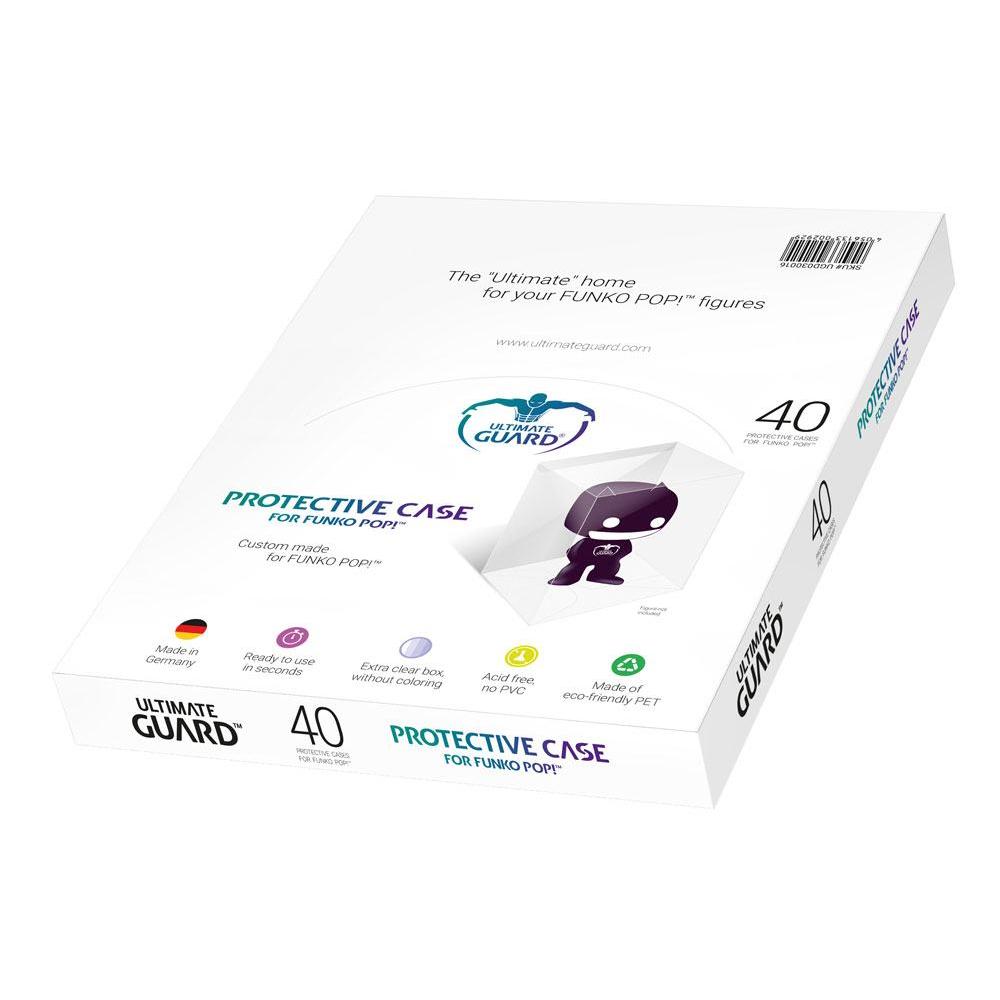 White counter-top display box for 40 Funko POP! protective cases made of clear, acid-free, eco-friendly PET material.