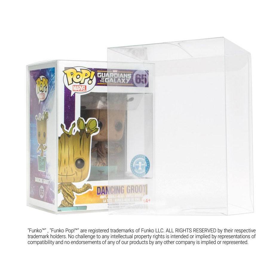 Clear Funko Protective Case housing a Dancing Groot Funko POP! figure in its original Marvel packaging.