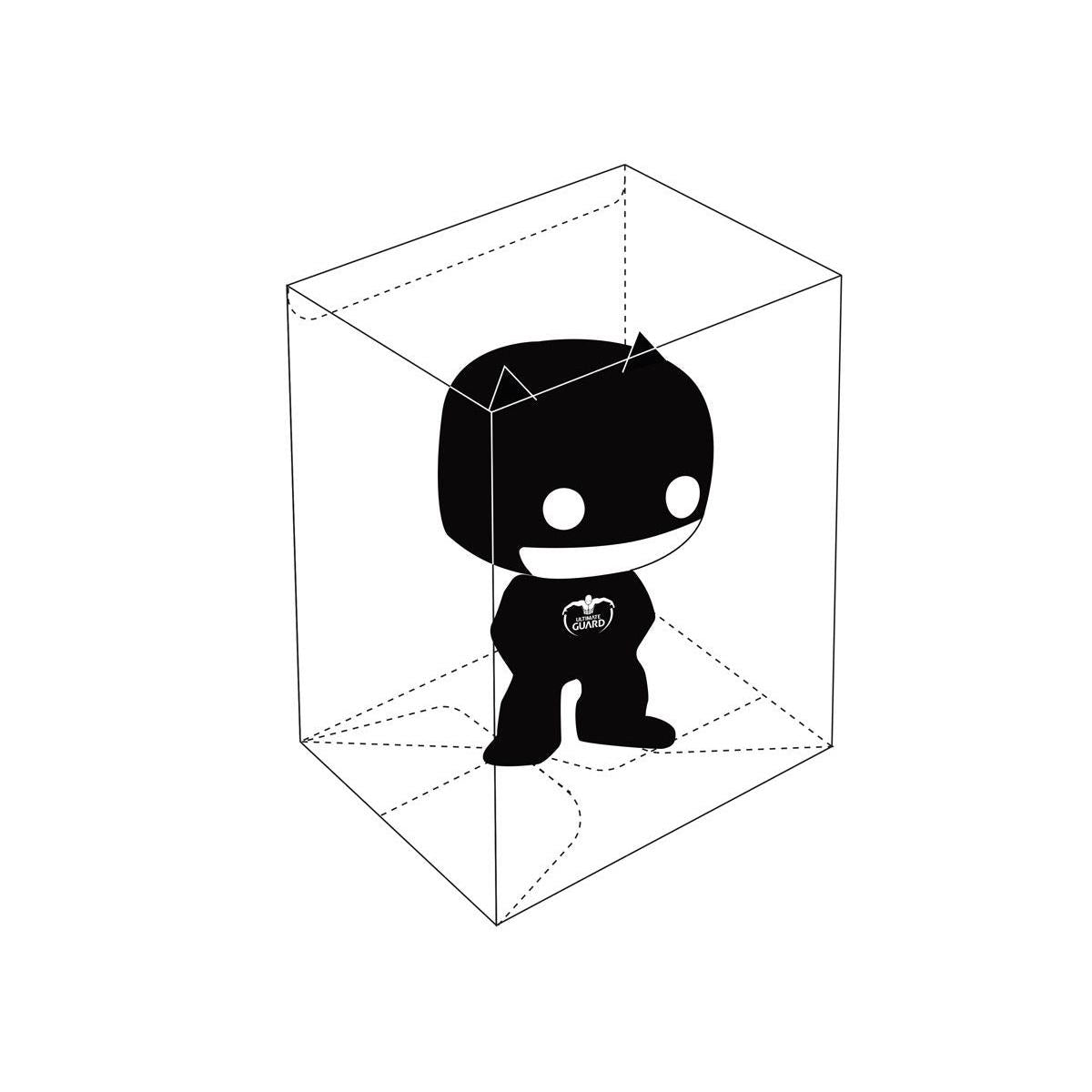 Clear Funko Protective Case for Funko POP! figures, shown in a 3D wireframe style with a black character silhouette.
