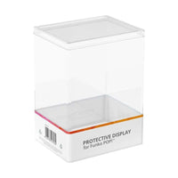 Clear plastic Funko Protective Display Case for Funko POP! figures with a white base and orange accent stripe.