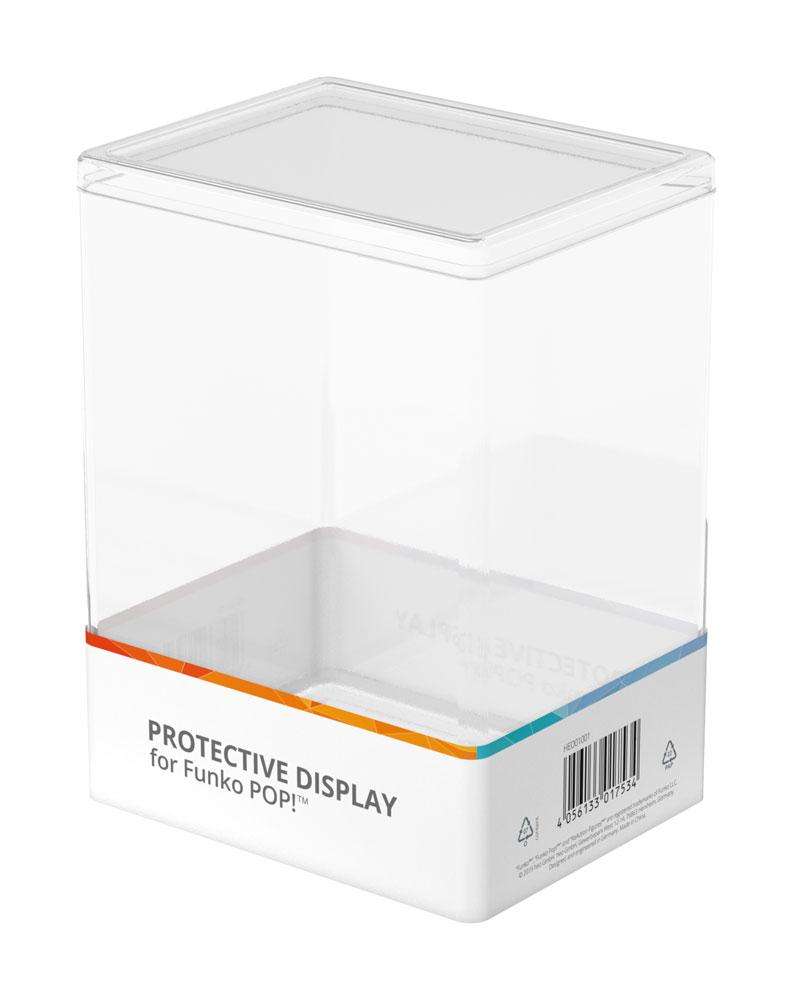 Clear plastic Funko Protective Display Case for Funko POP! figures with a white base and branding on the side.