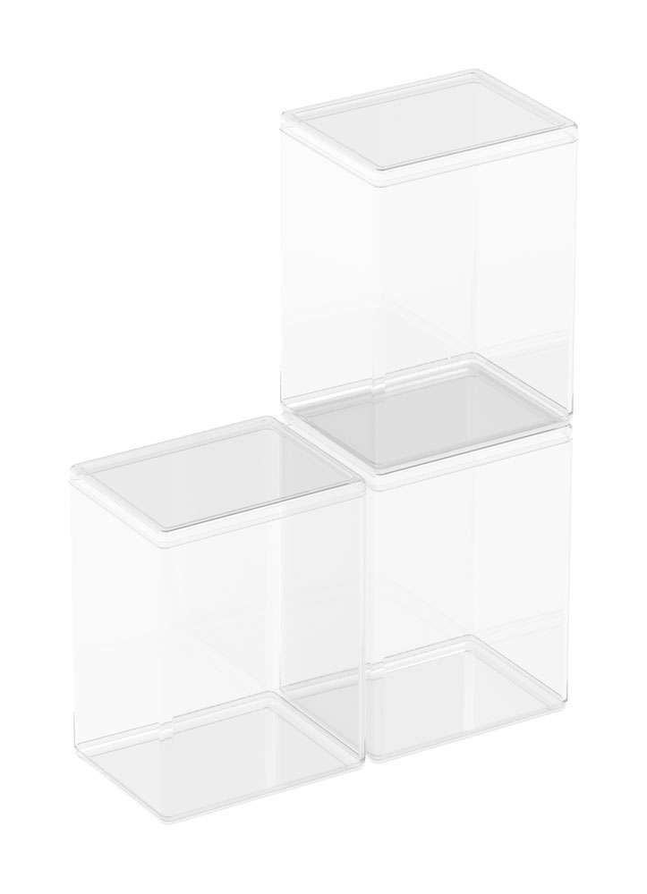 Two clear, stackable Funko Protective Display Cases for Funko POP! figures made of transparent plastic.