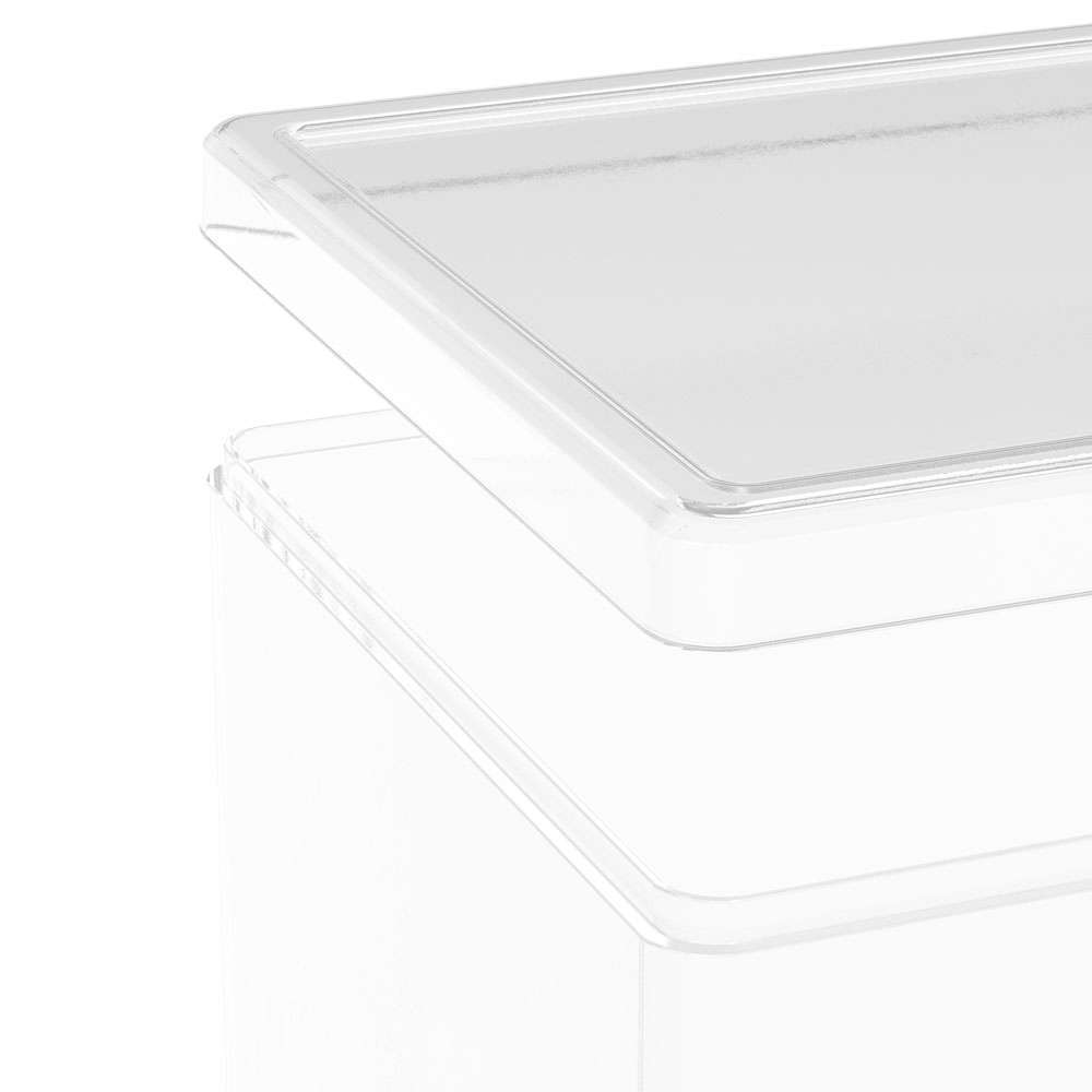 Close-up of a clear, stackable Funko Protective Display Case for Funko POP! figures with a removable lid.