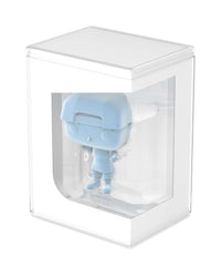 Clear Funko Protective Display Case holding a light blue Funko POP! figure, shown from a front-side angle.