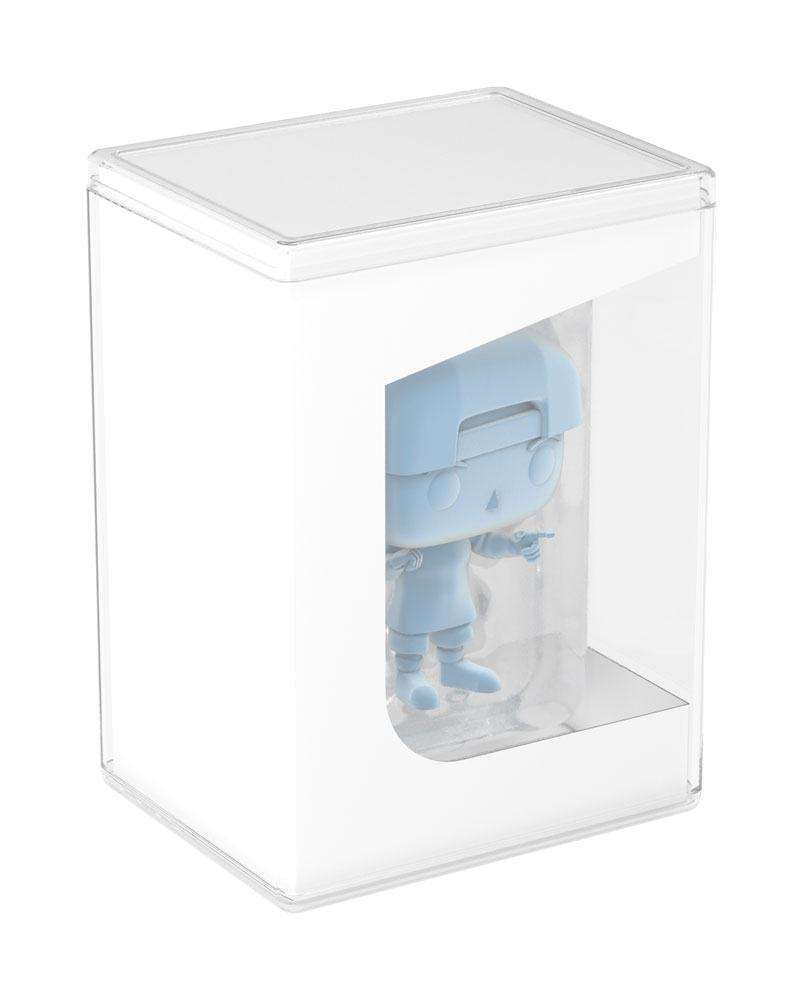 Clear Funko Protective Display Case holding a light blue Funko POP! figure, shown from a front-angle view.